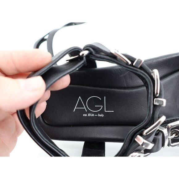 AGL Sandals Black Leather Flatform Buckle Slingback Adjustable Size 38 8 Punk - Picture 10 of 13